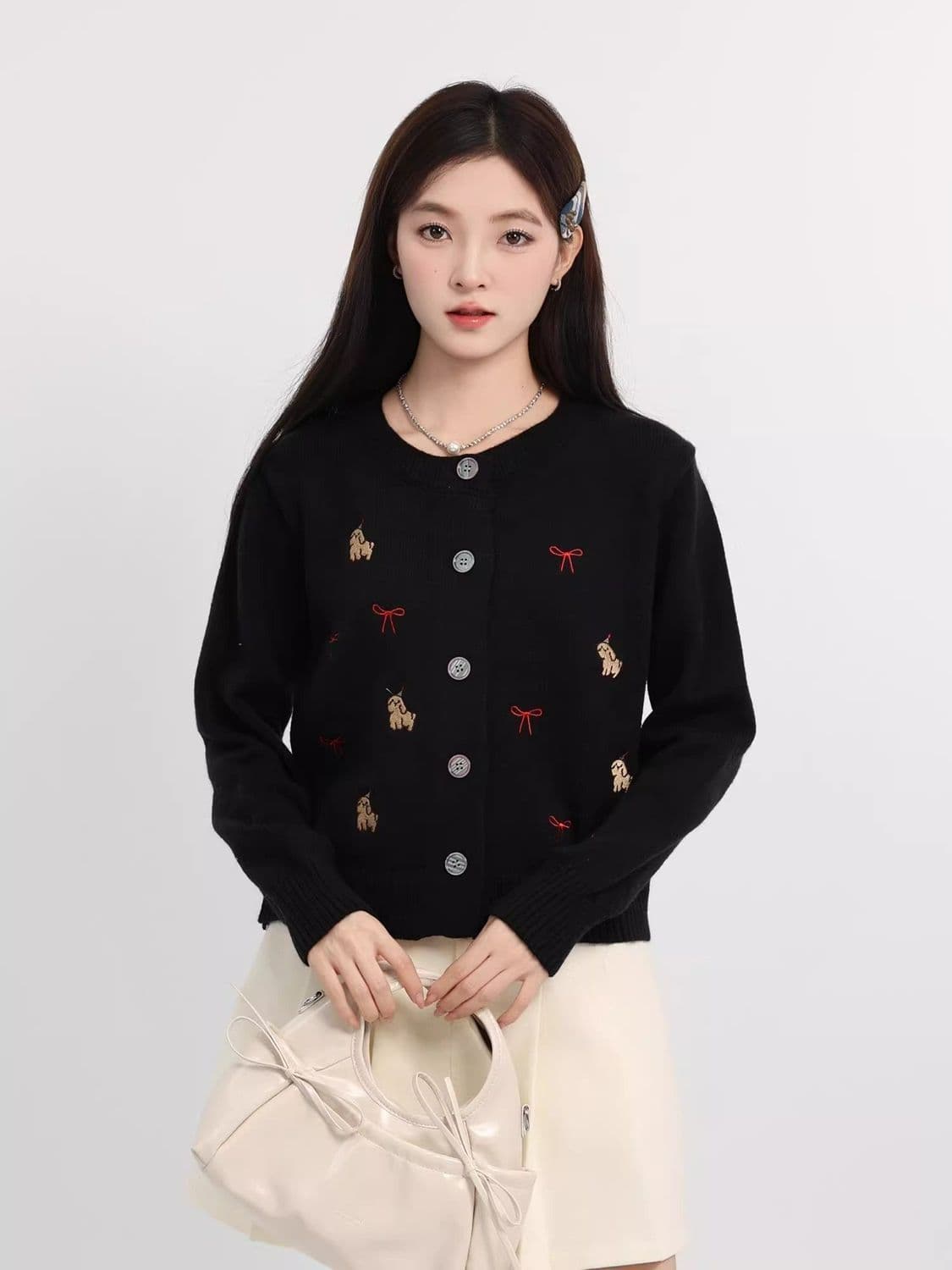 한 부서 연령 감소 화이트 품격 여성 뜨개질 가을 만화 개 긍정적 인 어깨 오픈 가디건 긴팔 외출용 작은 키 맨위 상세 이미지 6