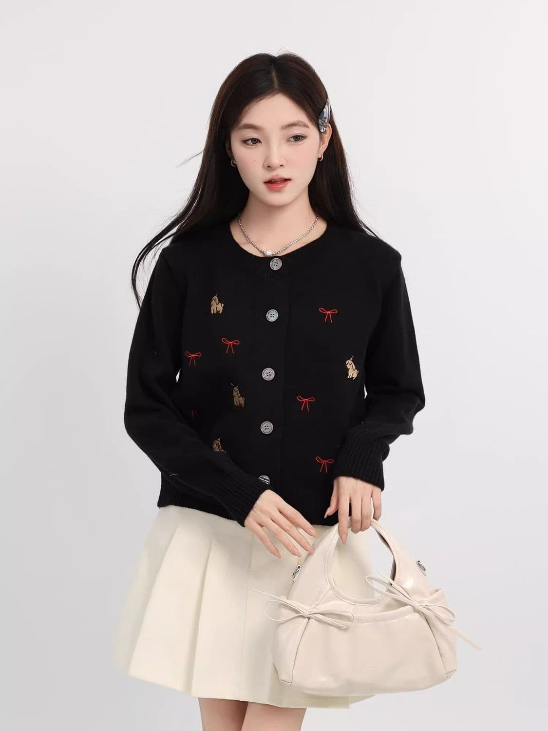 한 부서 연령 감소 화이트 품격 여성 뜨개질 가을 만화 개 긍정적 인 어깨 오픈 가디건 긴팔 외출용 작은 키 맨위 상세 이미지 7