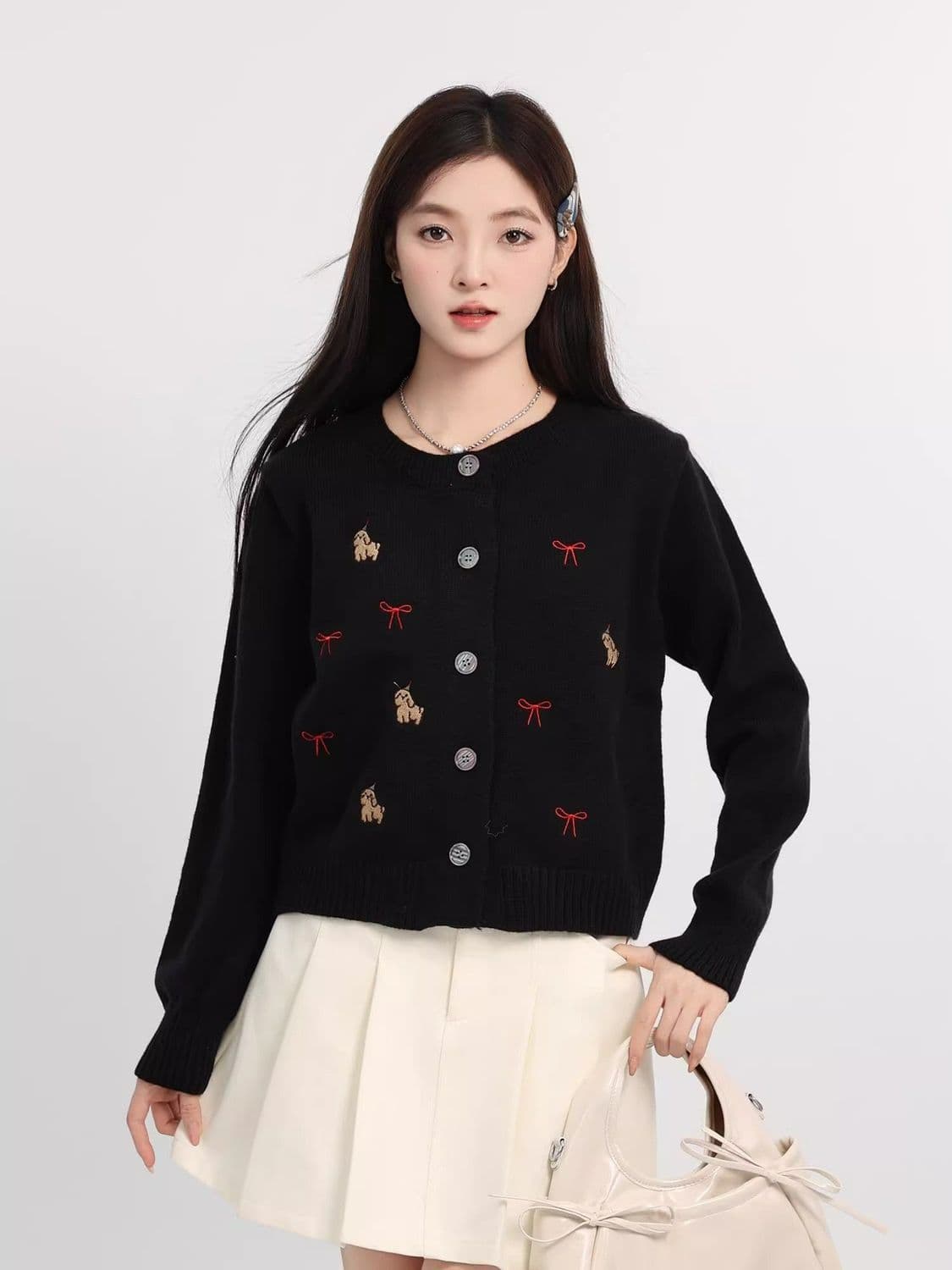 한 부서 연령 감소 화이트 품격 여성 뜨개질 가을 만화 개 긍정적 인 어깨 오픈 가디건 긴팔 외출용 작은 키 맨위 상세 이미지 8