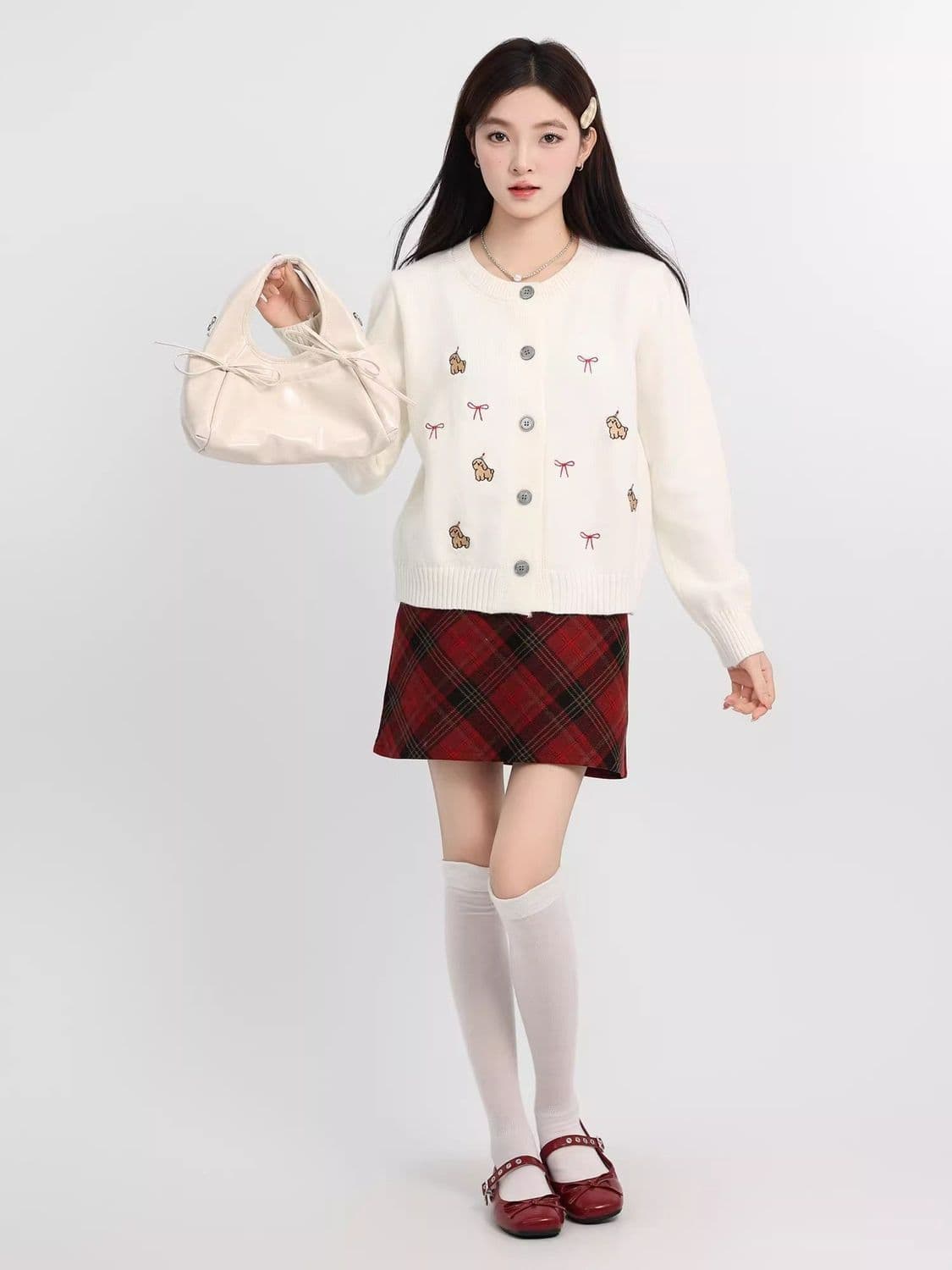 한 부서 연령 감소 화이트 품격 여성 뜨개질 가을 만화 개 긍정적 인 어깨 오픈 가디건 긴팔 외출용 작은 키 맨위 상세 이미지 9