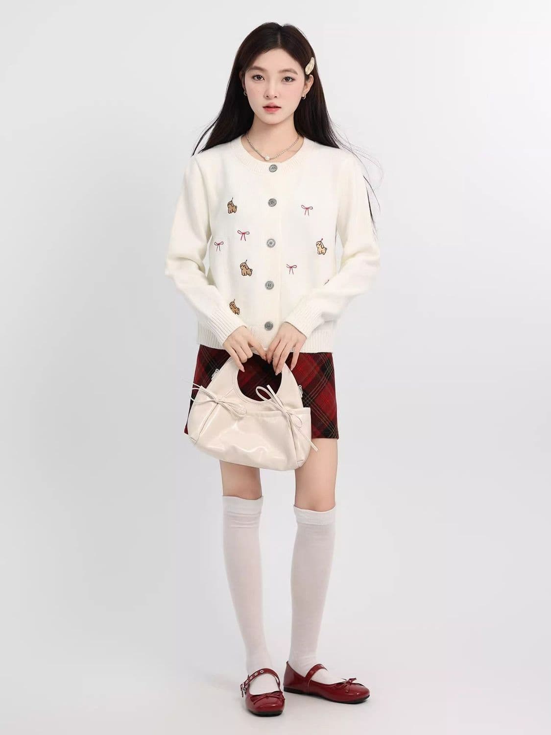 한 부서 연령 감소 화이트 품격 여성 뜨개질 가을 만화 개 긍정적 인 어깨 오픈 가디건 긴팔 외출용 작은 키 맨위 상세 이미지 10