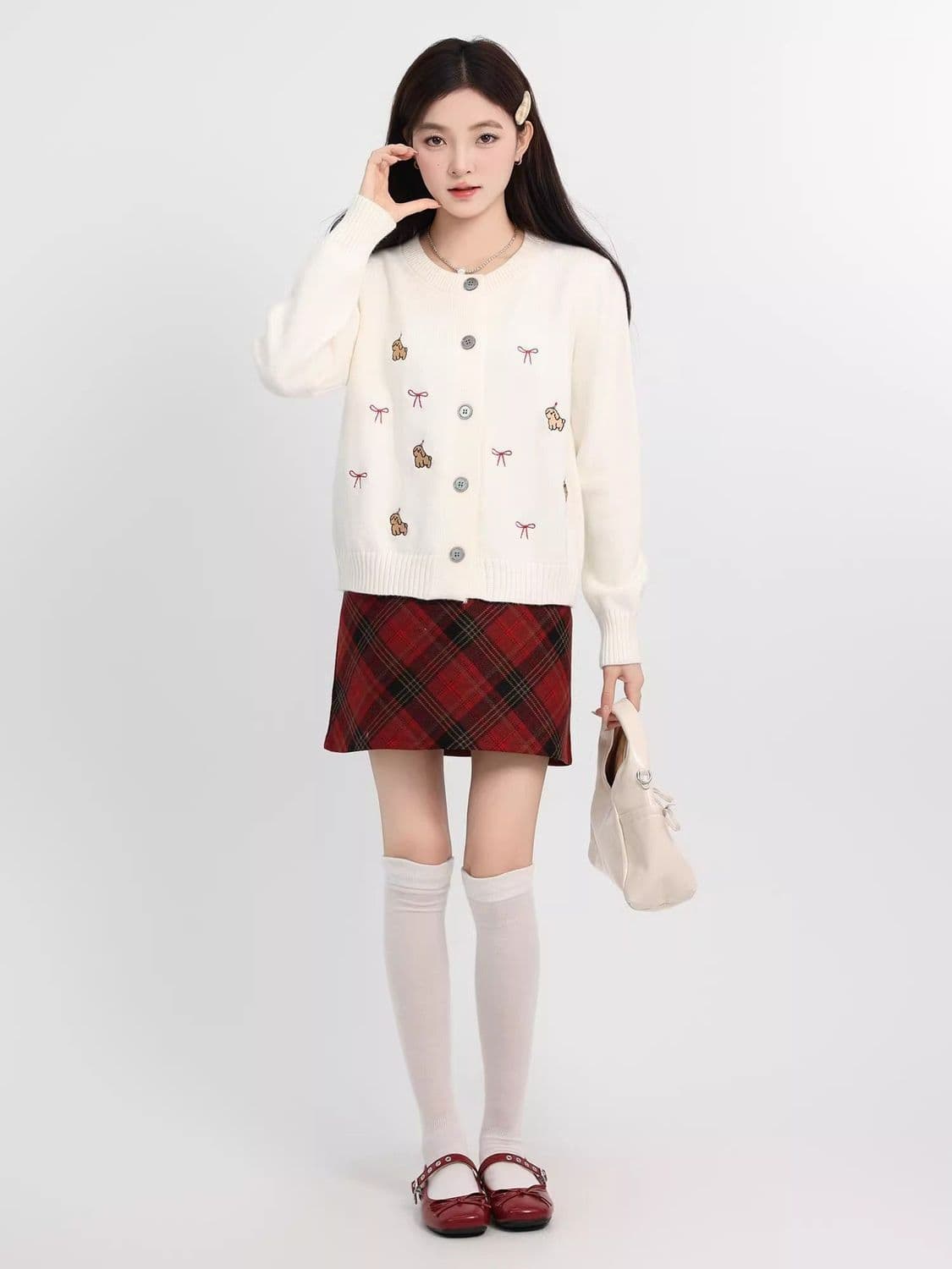 한 부서 연령 감소 화이트 품격 여성 뜨개질 가을 만화 개 긍정적 인 어깨 오픈 가디건 긴팔 외출용 작은 키 맨위 상세 이미지 11