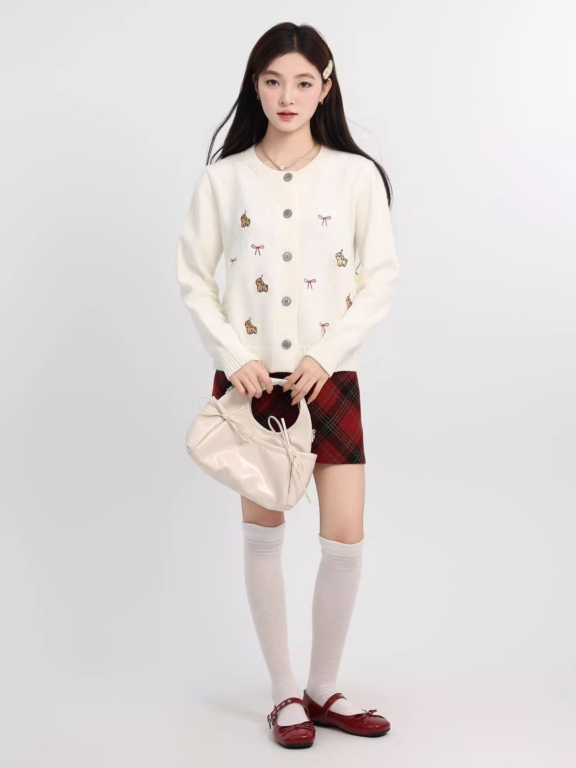 한 부서 연령 감소 화이트 품격 여성 뜨개질 가을 만화 개 긍정적 인 어깨 오픈 가디건 긴팔 외출용 작은 키 맨위 상세 이미지 12