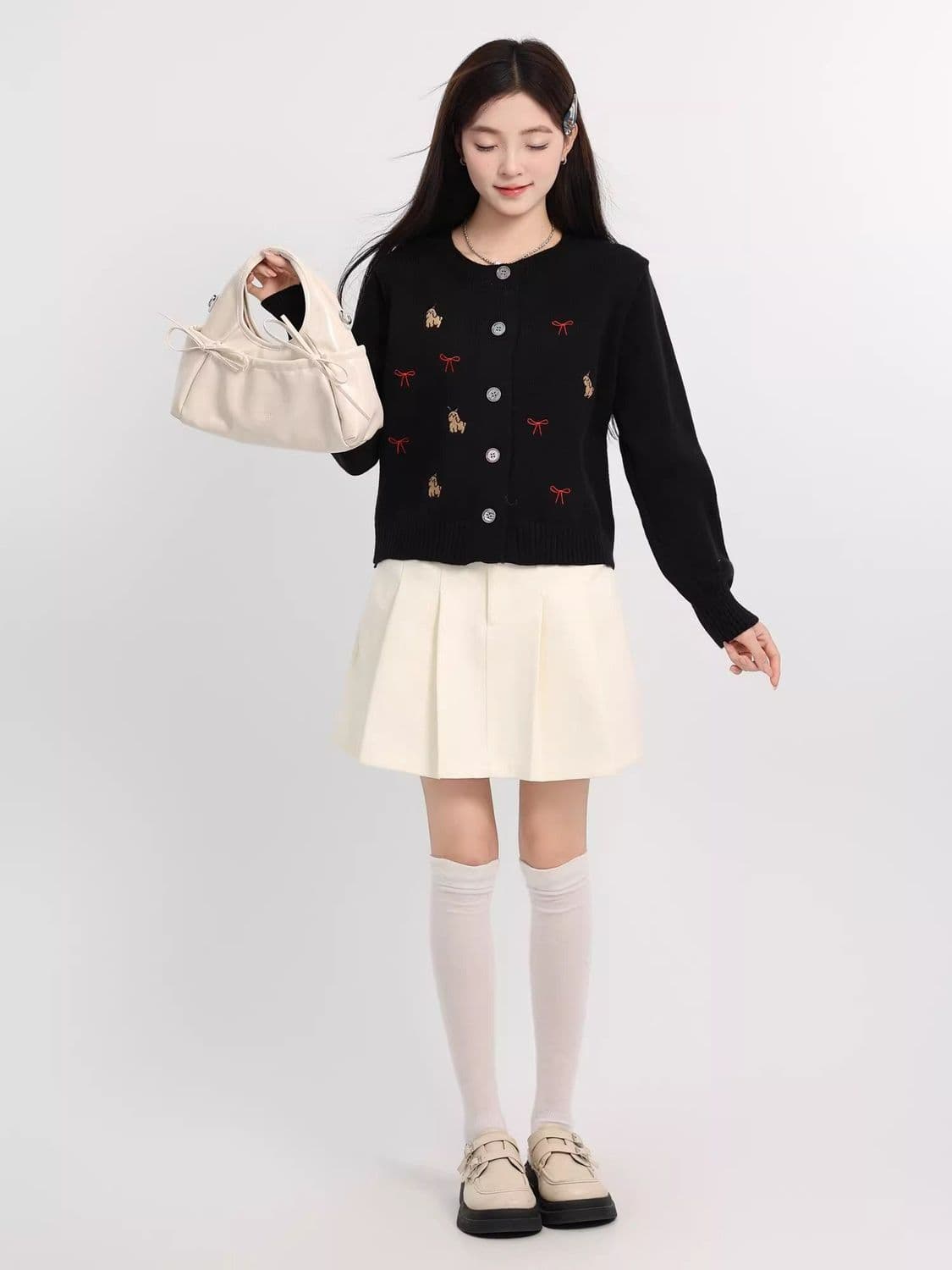 한 부서 연령 감소 화이트 품격 여성 뜨개질 가을 만화 개 긍정적 인 어깨 오픈 가디건 긴팔 외출용 작은 키 맨위 상세 이미지 13