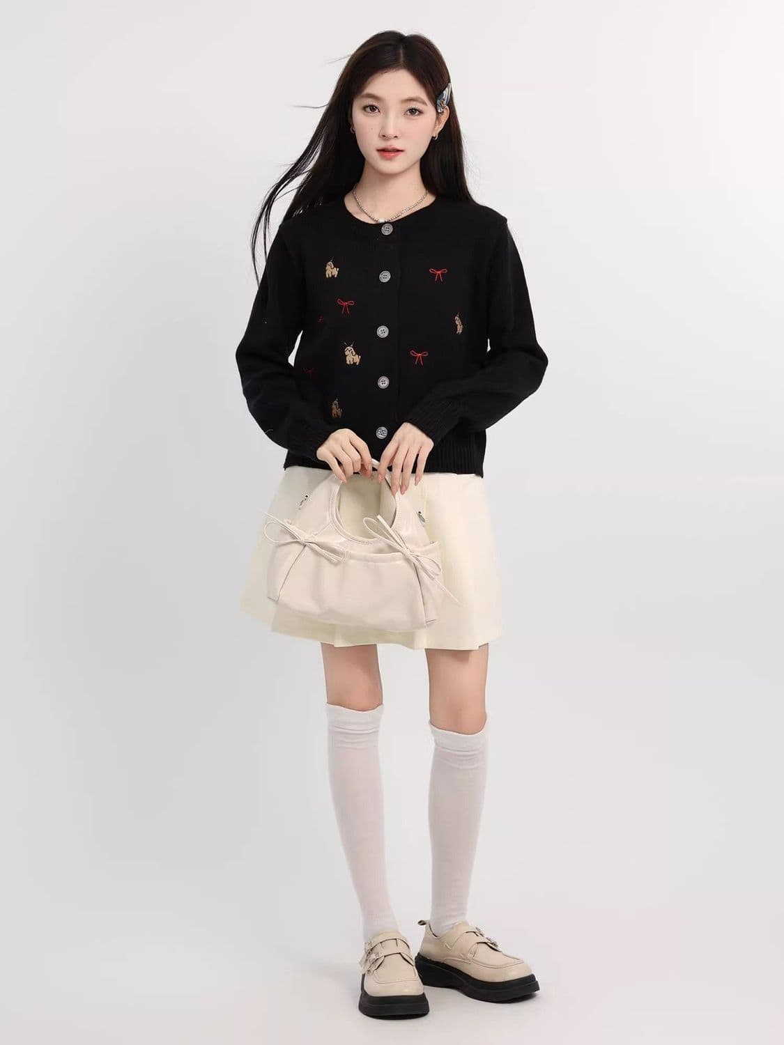 한 부서 연령 감소 화이트 품격 여성 뜨개질 가을 만화 개 긍정적 인 어깨 오픈 가디건 긴팔 외출용 작은 키 맨위 상세 이미지 14