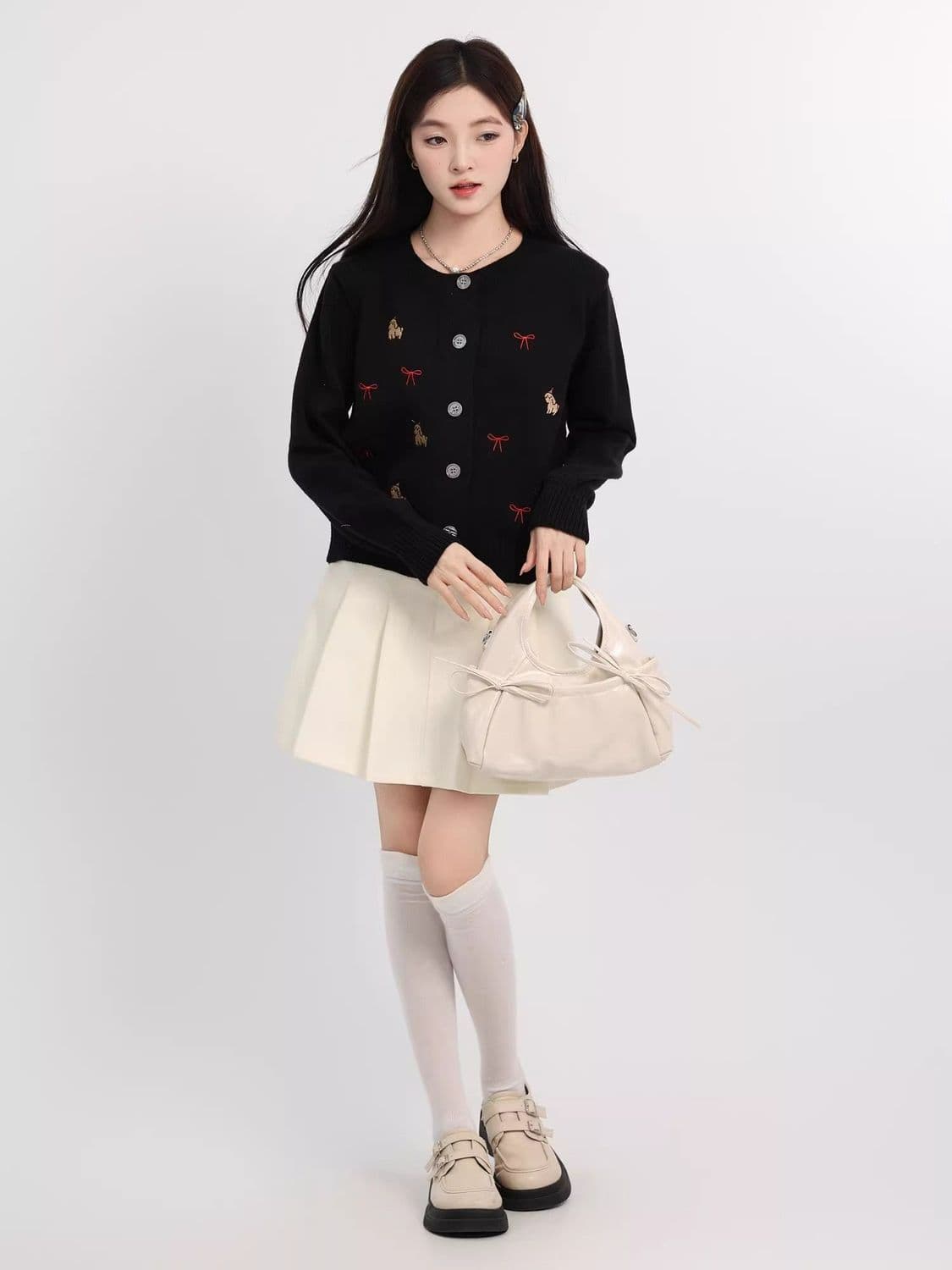 한 부서 연령 감소 화이트 품격 여성 뜨개질 가을 만화 개 긍정적 인 어깨 오픈 가디건 긴팔 외출용 작은 키 맨위 상세 이미지 15