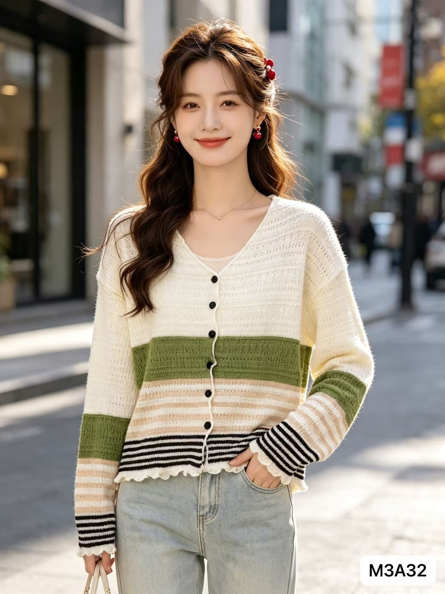 배색 스트라이프 V넥 프릴 긴팔 니트 티셔츠 여성 이른 가을 2026 외국 가스 허리 수축 슬림해 보이는 싱글 줄 버튼 상세 이미지 2
