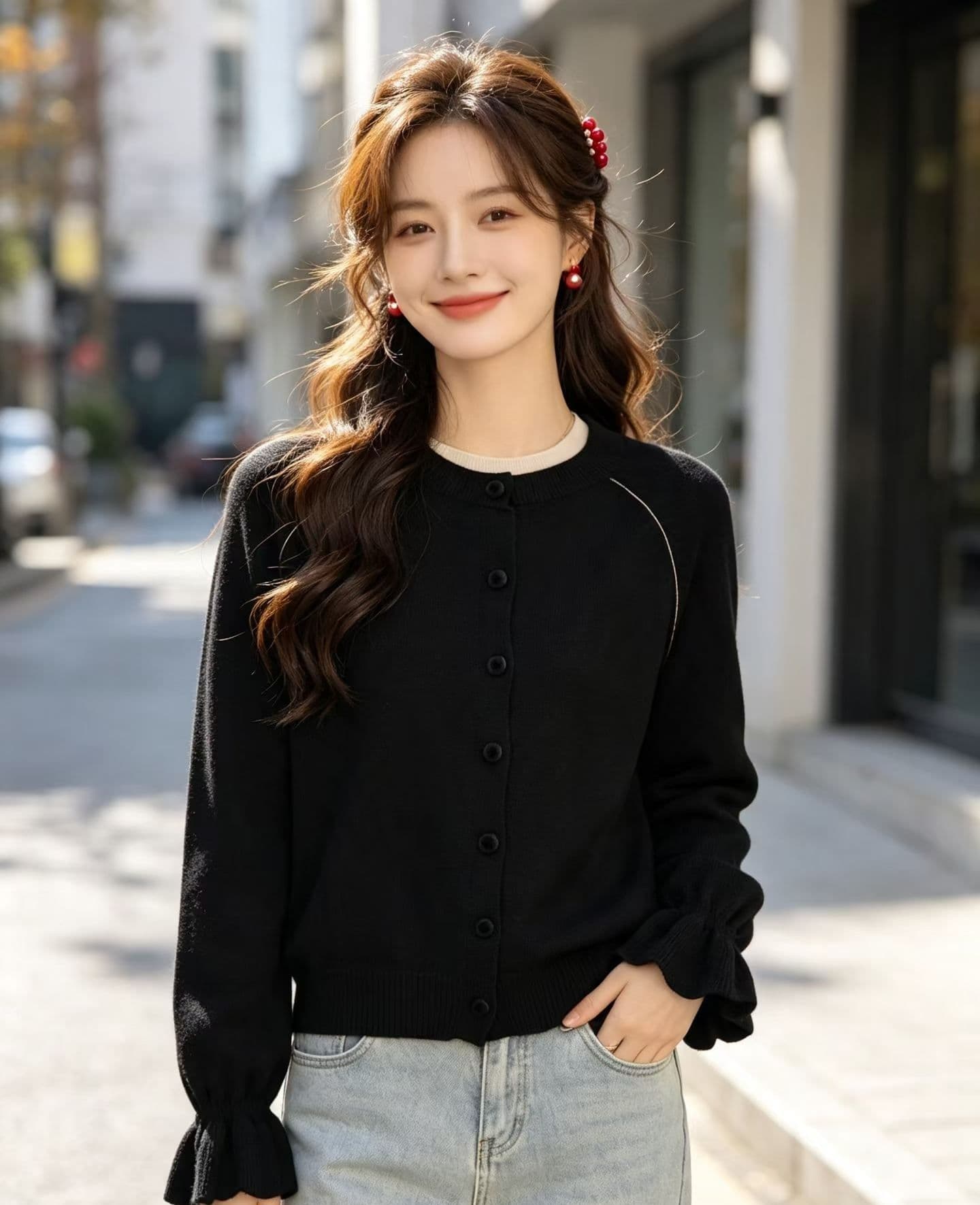 2026 가을 새로운 라운드 넥 단추 꽃잎 커프스 디자인 니트 긴 소매 오픈 가디건 이미지 3