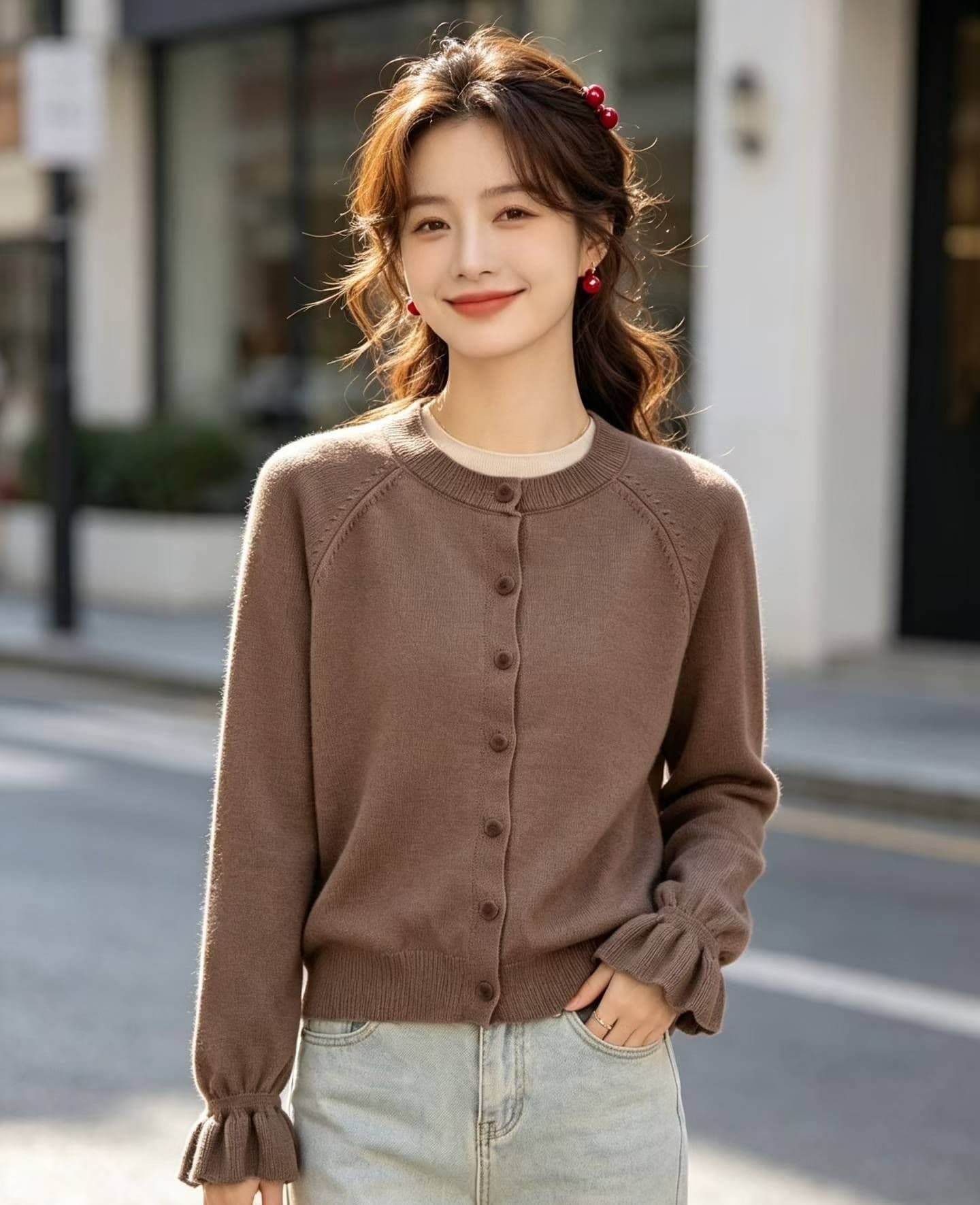 2026 가을 새로운 라운드 넥 단추 꽃잎 커프스 디자인 니트 긴 소매 오픈 가디건 상세 이미지 5
