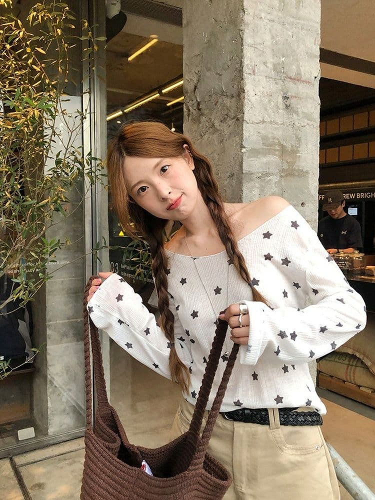 170 그램 2 2 대나무 마디 비스듬한 어깨 자외선 차단 블라우스 별 프린트 긴팔 티셔츠 여성 여름과 가을 얇은 스타일 오프숄더 맨위 이미지 2