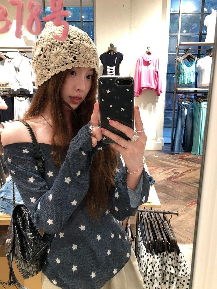 170 그램 2 2 대나무 마디 비스듬한 어깨 자외선 차단 블라우스 별 프린트 긴팔 티셔츠 여성 여름과 가을 얇은 스타일 오프숄더 맨위 상세 이미지 2