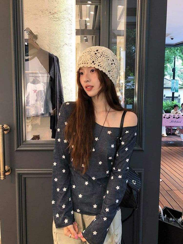 170 그램 2 2 대나무 마디 비스듬한 어깨 자외선 차단 블라우스 별 프린트 긴팔 티셔츠 여성 여름과 가을 얇은 스타일 오프숄더 맨위 상세 이미지 3