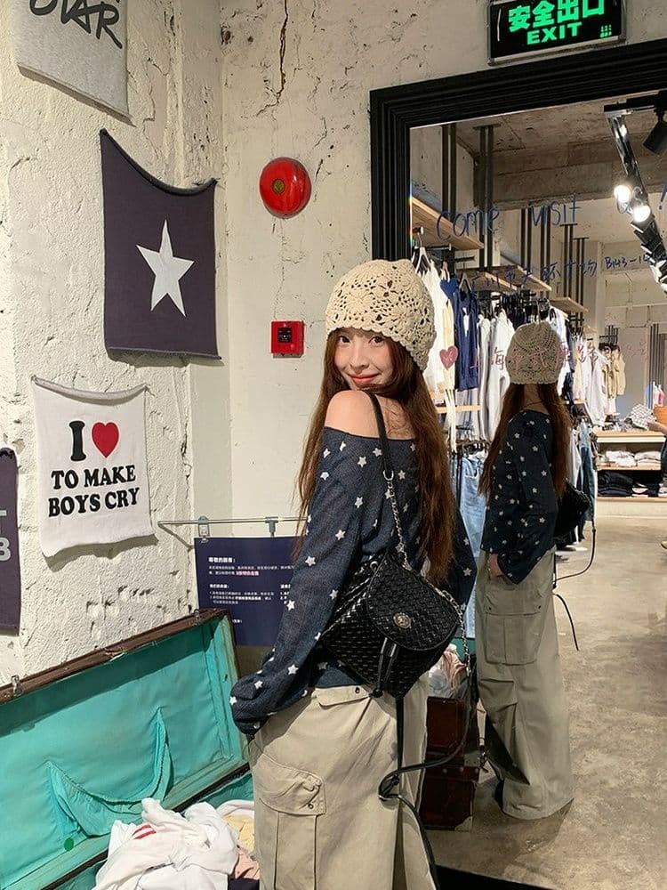 170 그램 2 2 대나무 마디 비스듬한 어깨 자외선 차단 블라우스 별 프린트 긴팔 티셔츠 여성 여름과 가을 얇은 스타일 오프숄더 맨위 상세 이미지 5