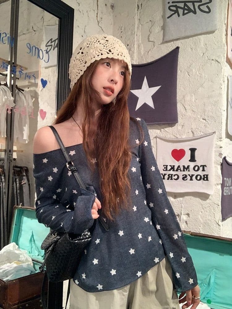 170 그램 2 2 대나무 마디 비스듬한 어깨 자외선 차단 블라우스 별 프린트 긴팔 티셔츠 여성 여름과 가을 얇은 스타일 오프숄더 맨위 상세 이미지 10