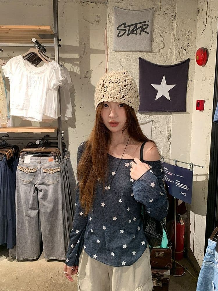 170 그램 2 2 대나무 마디 비스듬한 어깨 자외선 차단 블라우스 별 프린트 긴팔 티셔츠 여성 여름과 가을 얇은 스타일 오프숄더 맨위 상세 이미지 12