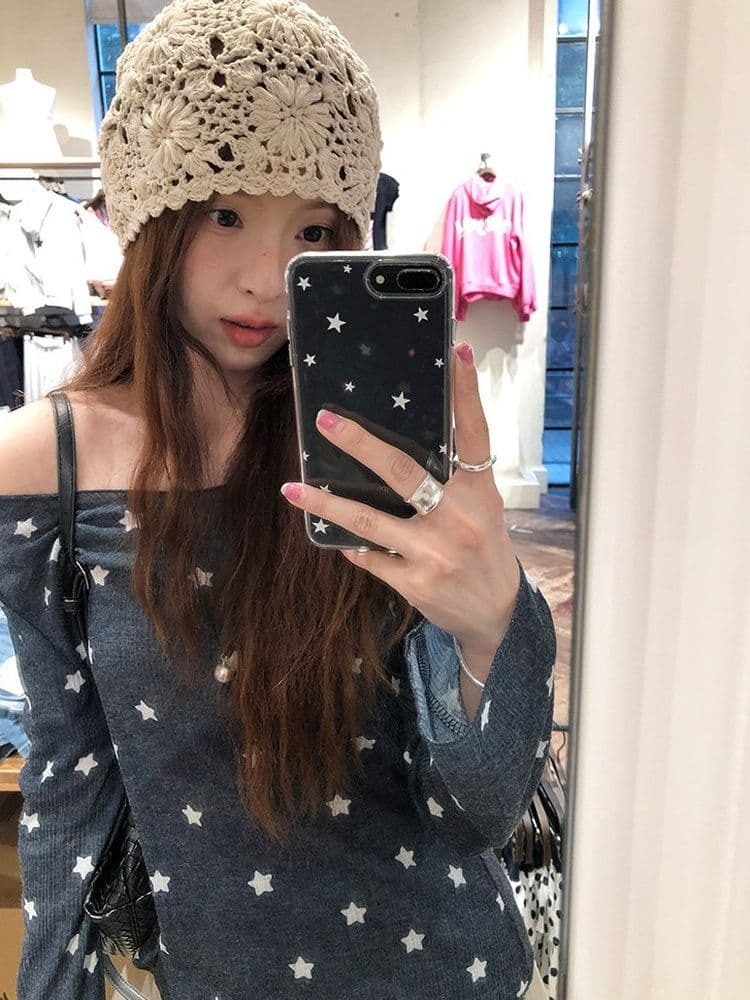 170 그램 2 2 대나무 마디 비스듬한 어깨 자외선 차단 블라우스 별 프린트 긴팔 티셔츠 여성 여름과 가을 얇은 스타일 오프숄더 맨위 상세 이미지 13