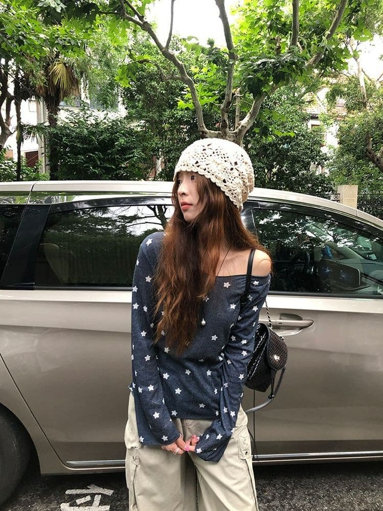 170 그램 2 2 대나무 마디 비스듬한 어깨 자외선 차단 블라우스 별 프린트 긴팔 티셔츠 여성 여름과 가을 얇은 스타일 오프숄더 맨위 상세 이미지 14