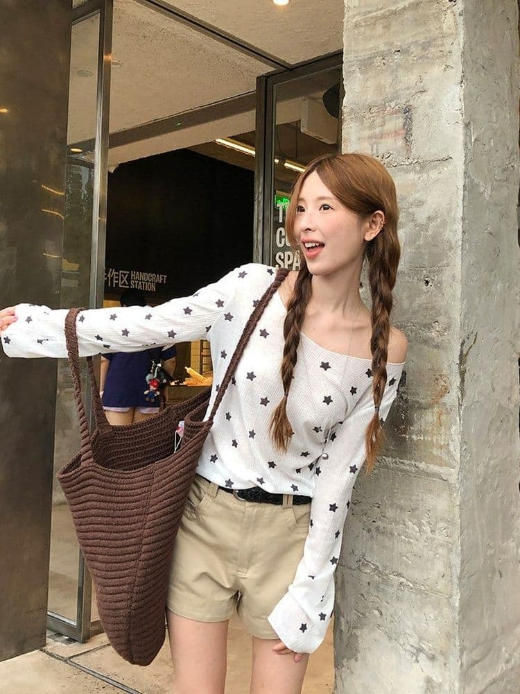 170 그램 2 2 대나무 마디 비스듬한 어깨 자외선 차단 블라우스 별 프린트 긴팔 티셔츠 여성 여름과 가을 얇은 스타일 오프숄더 맨위 상세 이미지 21