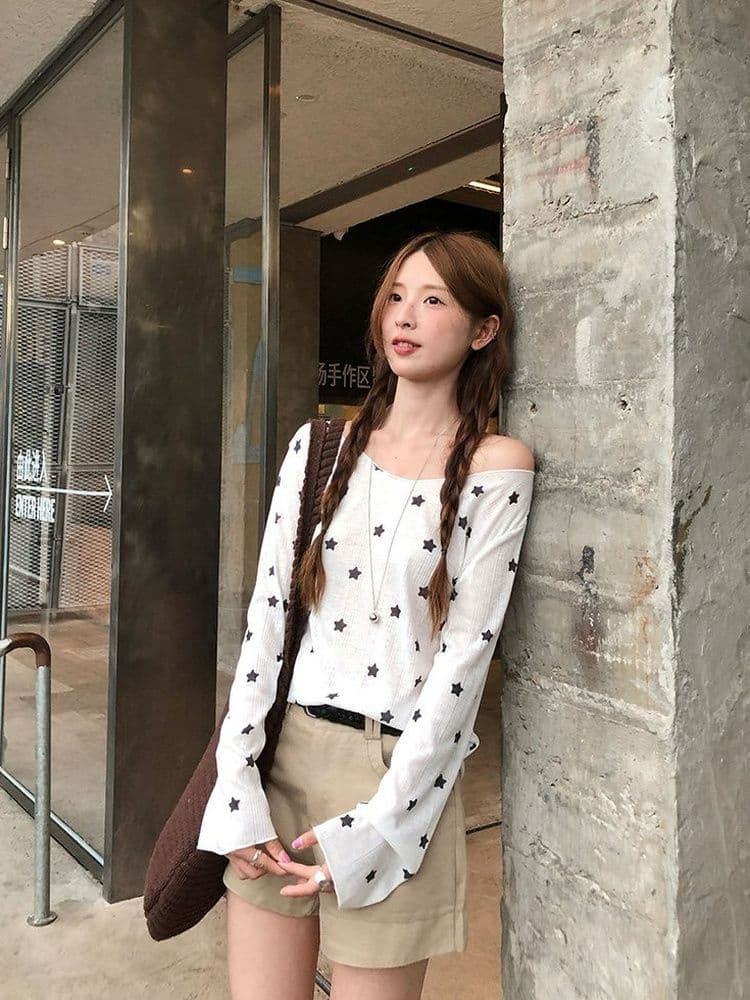 170 그램 2 2 대나무 마디 비스듬한 어깨 자외선 차단 블라우스 별 프린트 긴팔 티셔츠 여성 여름과 가을 얇은 스타일 오프숄더 맨위 상세 이미지 22