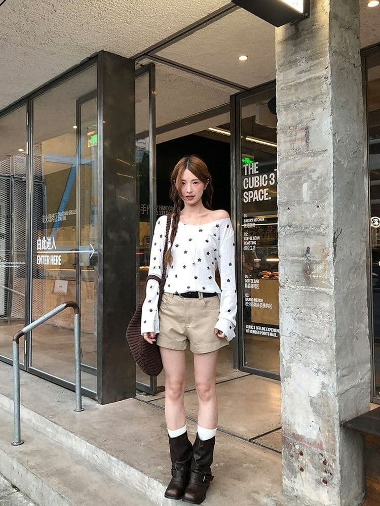 170 그램 2 2 대나무 마디 비스듬한 어깨 자외선 차단 블라우스 별 프린트 긴팔 티셔츠 여성 여름과 가을 얇은 스타일 오프숄더 맨위 상세 이미지 23