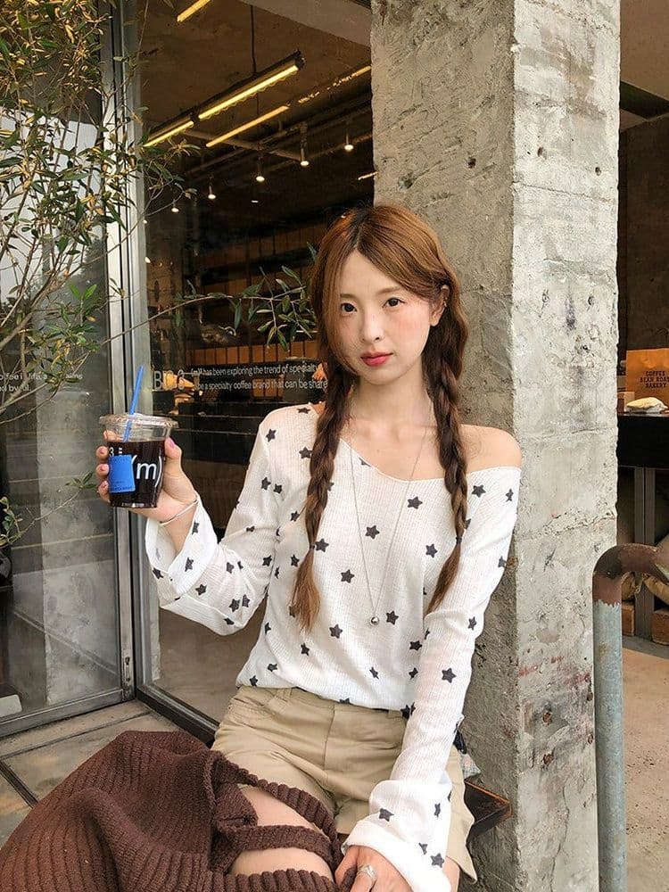 170 그램 2 2 대나무 마디 비스듬한 어깨 자외선 차단 블라우스 별 프린트 긴팔 티셔츠 여성 여름과 가을 얇은 스타일 오프숄더 맨위 상세 이미지 25
