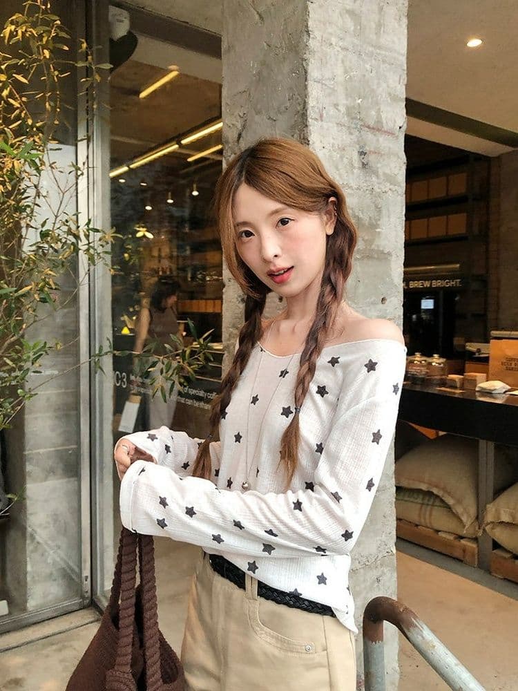 170 그램 2 2 대나무 마디 비스듬한 어깨 자외선 차단 블라우스 별 프린트 긴팔 티셔츠 여성 여름과 가을 얇은 스타일 오프숄더 맨위 상세 이미지 27
