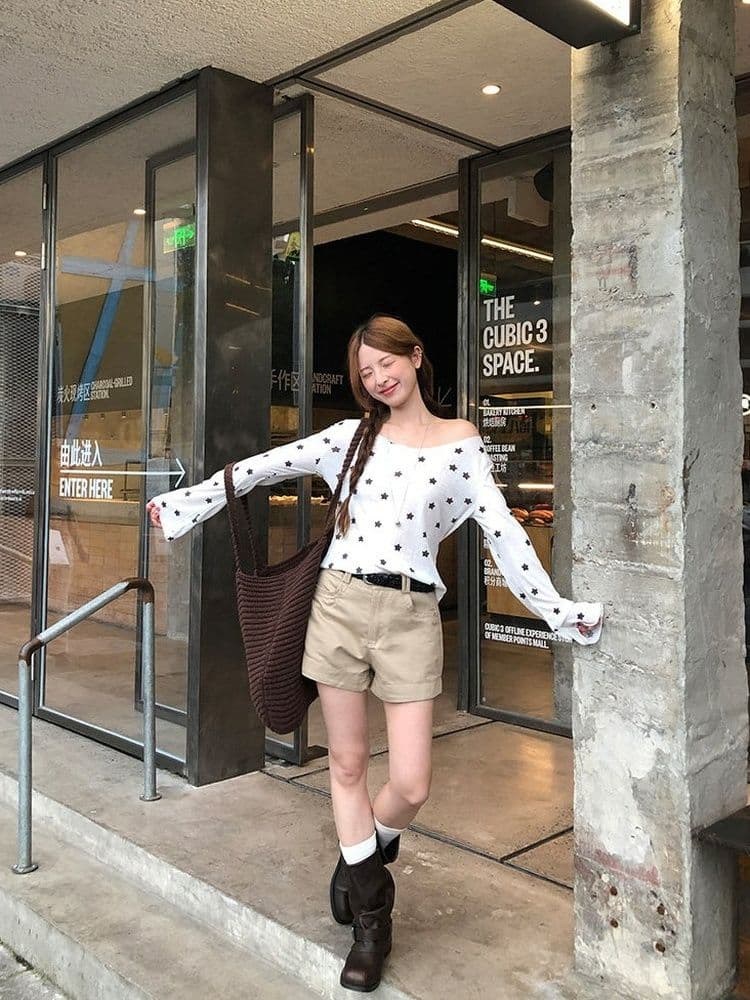 170 그램 2 2 대나무 마디 비스듬한 어깨 자외선 차단 블라우스 별 프린트 긴팔 티셔츠 여성 여름과 가을 얇은 스타일 오프숄더 맨위 상세 이미지 29