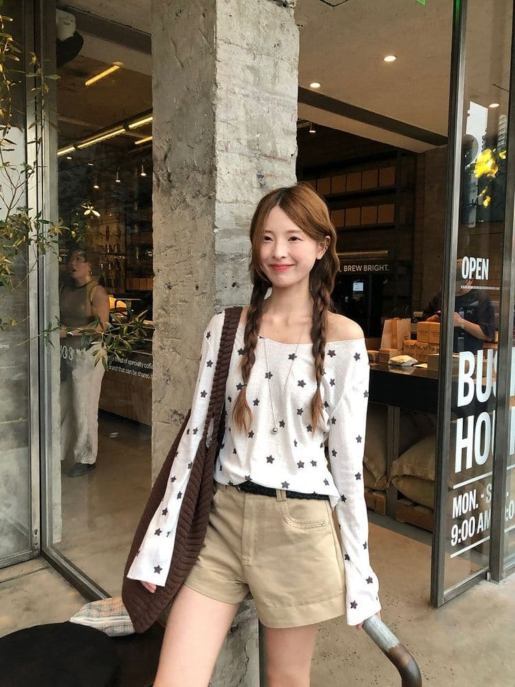 170 그램 2 2 대나무 마디 비스듬한 어깨 자외선 차단 블라우스 별 프린트 긴팔 티셔츠 여성 여름과 가을 얇은 스타일 오프숄더 맨위 상세 이미지 31