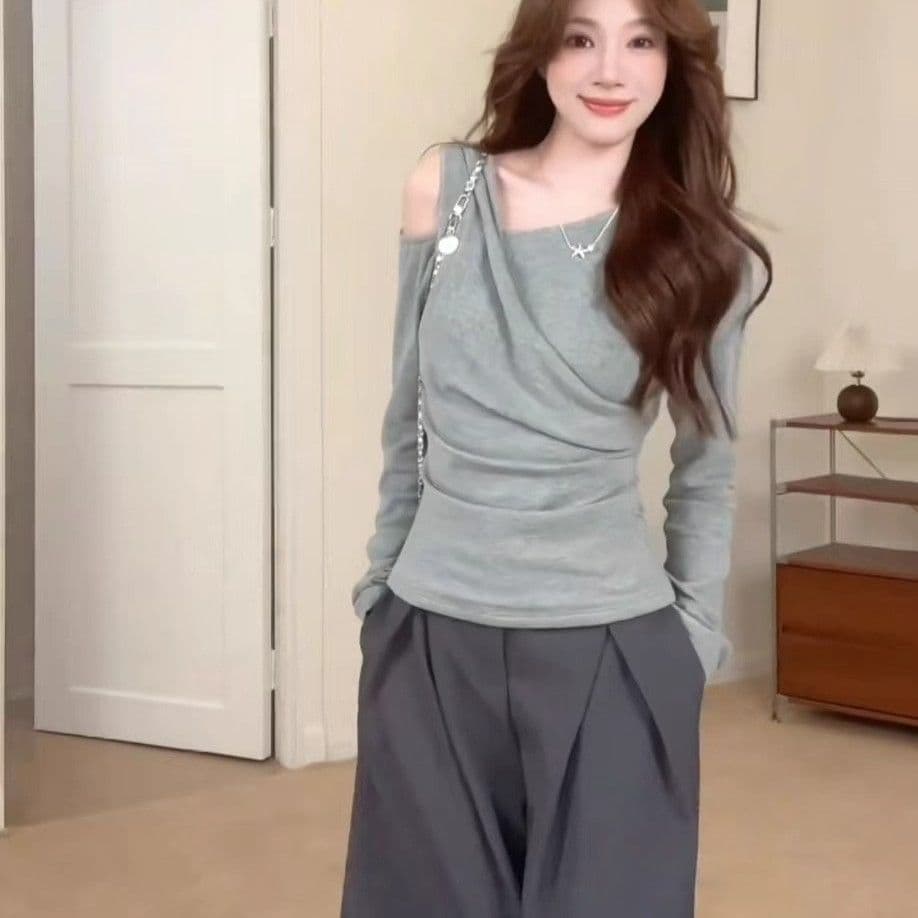 사람들 면 270 그램 한 부서 회색 비스듬한 칼라 오프숄더 긴팔 티셔츠 여성 가을 몸매 가꾸기 슬림해 보이는 인사이드 잡아라. 의류 이미지 4