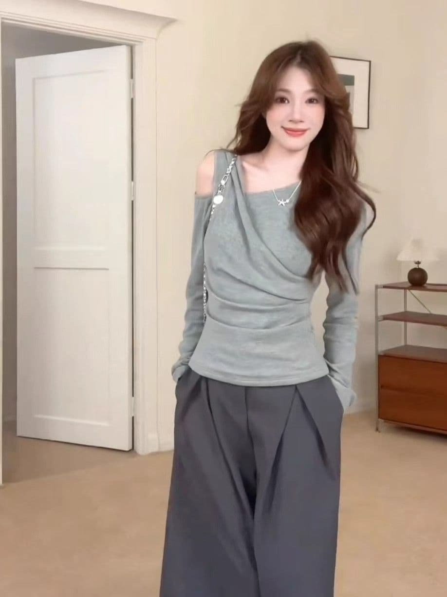 사람들 면 270 그램 한 부서 회색 비스듬한 칼라 오프숄더 긴팔 티셔츠 여성 가을 몸매 가꾸기 슬림해 보이는 인사이드 잡아라. 의류 상세 이미지 8