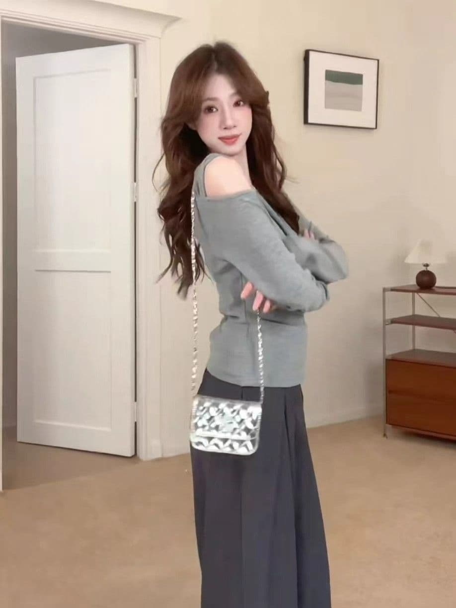 사람들 면 270 그램 한 부서 회색 비스듬한 칼라 오프숄더 긴팔 티셔츠 여성 가을 몸매 가꾸기 슬림해 보이는 인사이드 잡아라. 의류 상세 이미지 9