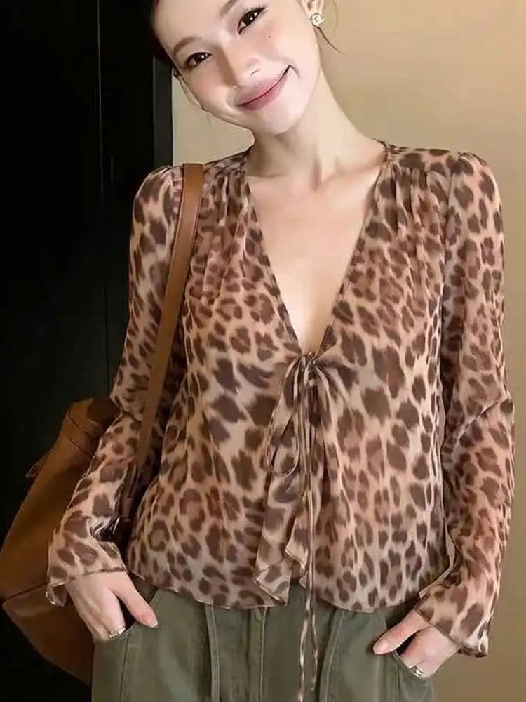 쉬폰 자정 바 플러그 Romantik 작은 셔츠 마이크로 ~을 통해 질감 센스 스트랩 레오파드 무늬 긴팔 맨위 상세 이미지 6