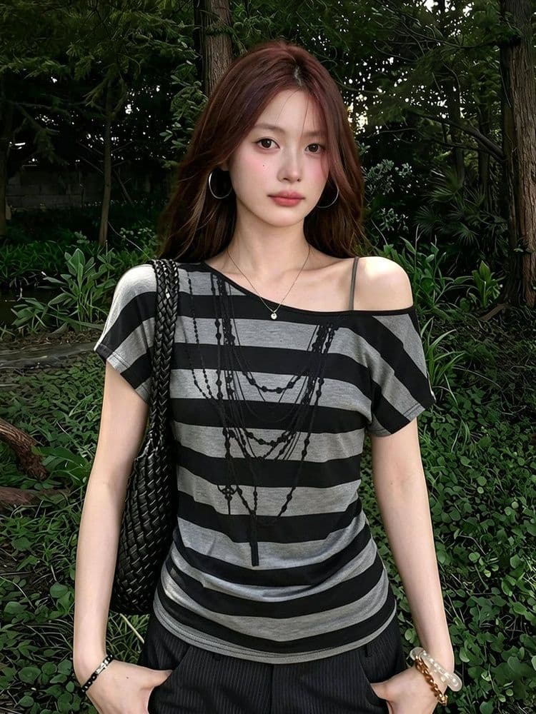 32 순면 아메리칸 핫걸 바람 스트라이프 비스듬한 어깨 반팔 티셔츠 여성 여름 루즈핏 디자인 센스 느긋한 바람 맨위 상세 이미지 3
