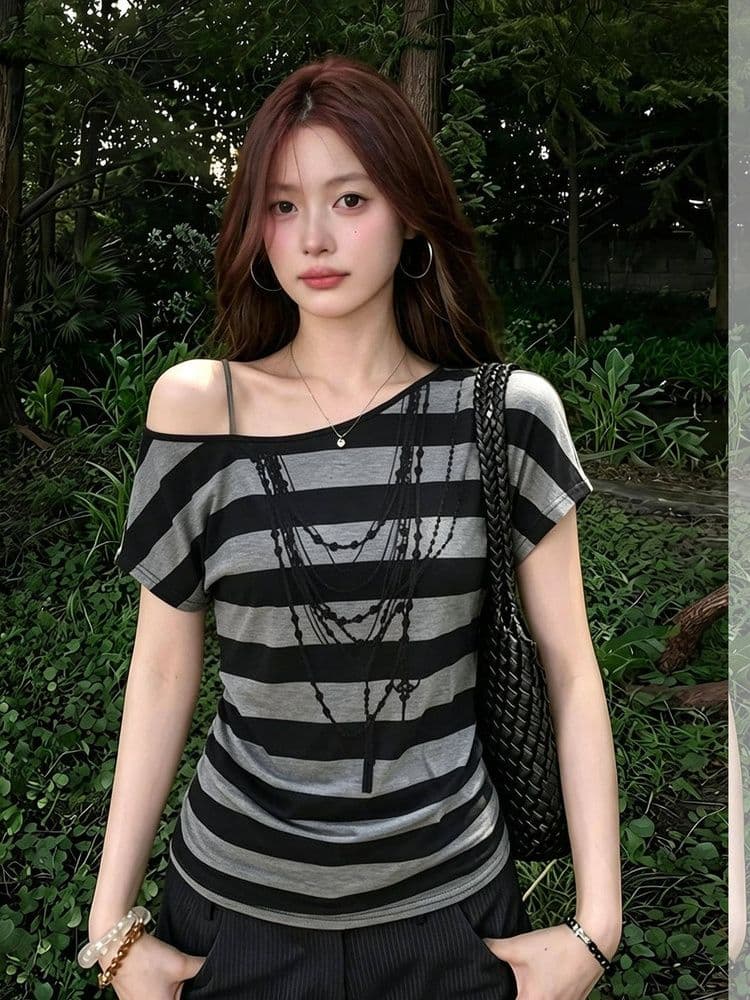 32 순면 아메리칸 핫걸 바람 스트라이프 비스듬한 어깨 반팔 티셔츠 여성 여름 루즈핏 디자인 센스 느긋한 바람 맨위 상세 이미지 4