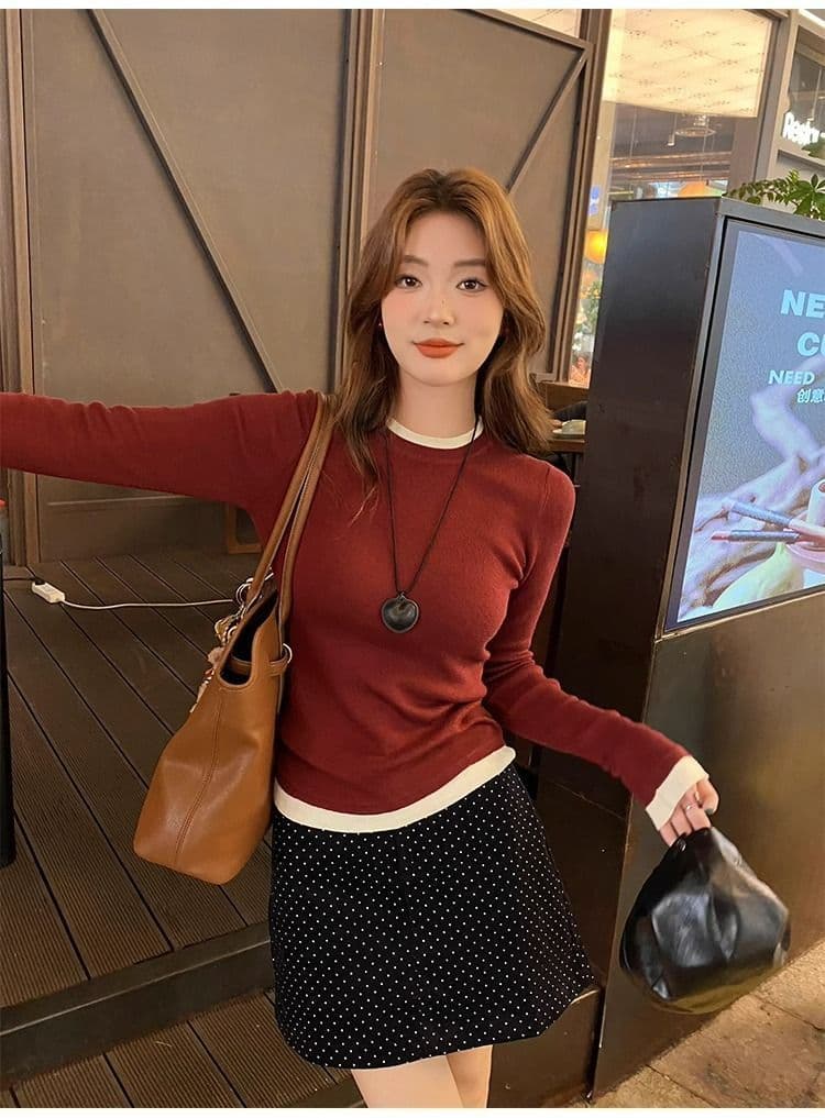 2026 년 새로운 가을 겨울 배색 기본 셔츠 여성 의류 인사이드 가져 가라. 긴팔 가을 맨위 디자인 센스 라운드 넥 니트 스웨터 상세 이미지 7