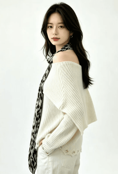 2026 순수한 욕망 바람 오프숄더 구덩이 기사 슬림해 보이는 찢어진 부분 측면 레오파드 무늬 스카프 긴팔 상세 이미지 1