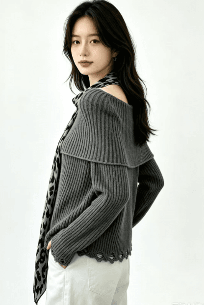 2026 순수한 욕망 바람 오프숄더 구덩이 기사 슬림해 보이는 찢어진 부분 측면 레오파드 무늬 스카프 긴팔 상세 이미지 2