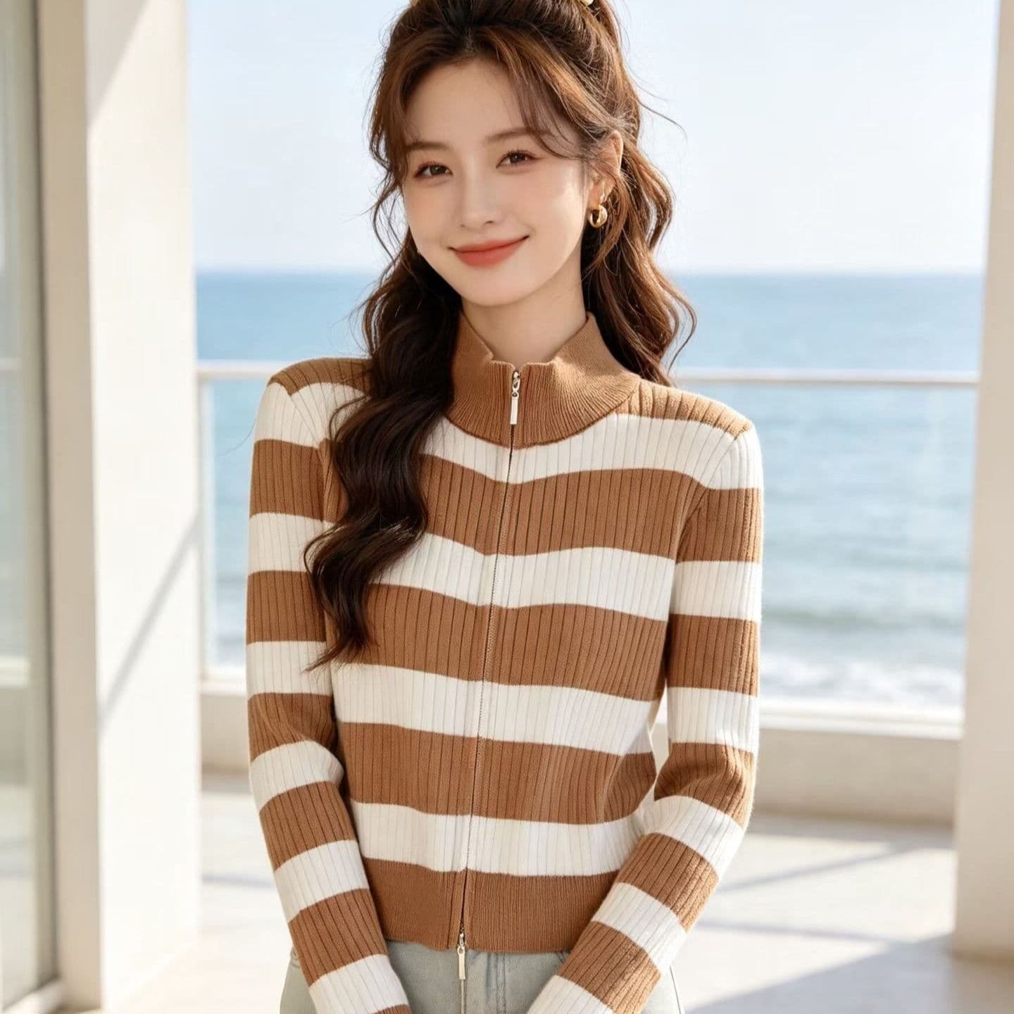 2026 품격 연령 감소 반하이넥 스트라이프 구덩이 기사 슬림해 보이는 지퍼 긴팔 오픈 가디건