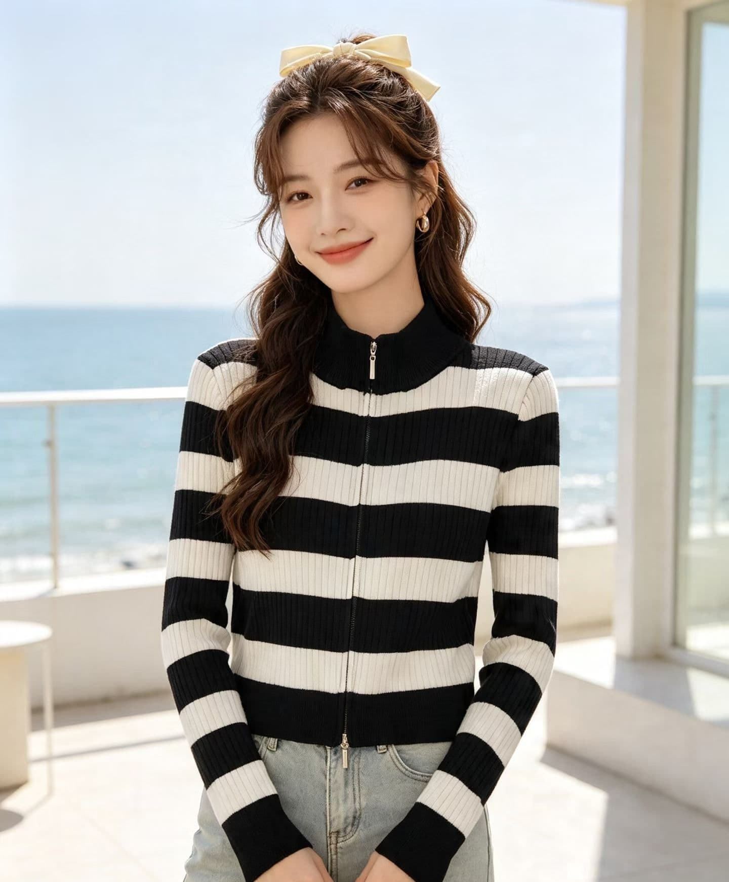 2026 품격 연령 감소 반하이넥 스트라이프 구덩이 기사 슬림해 보이는 지퍼 긴팔 오픈 가디건 이미지 4