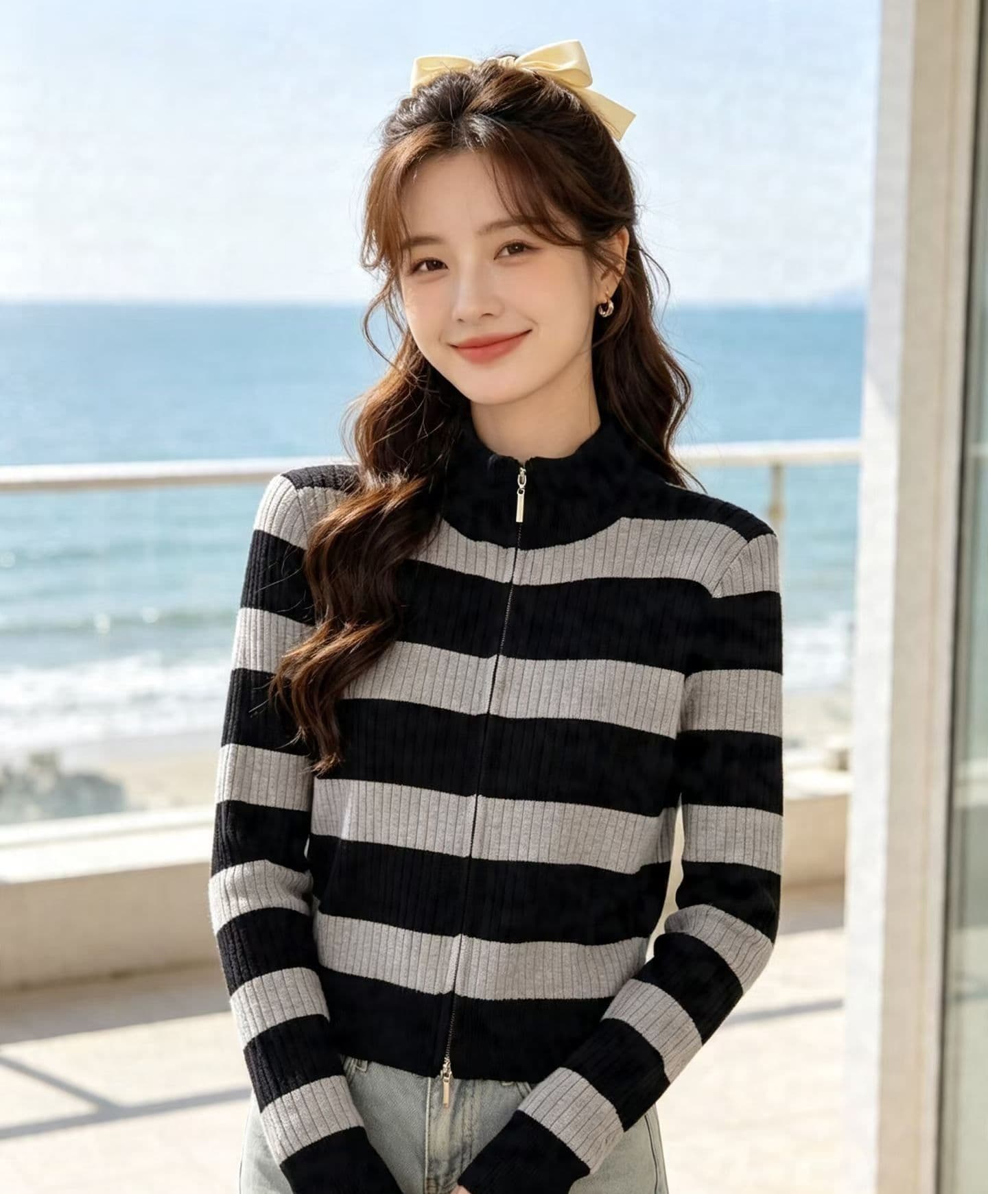 2026 품격 연령 감소 반하이넥 스트라이프 구덩이 기사 슬림해 보이는 지퍼 긴팔 오픈 가디건 상세 이미지 1