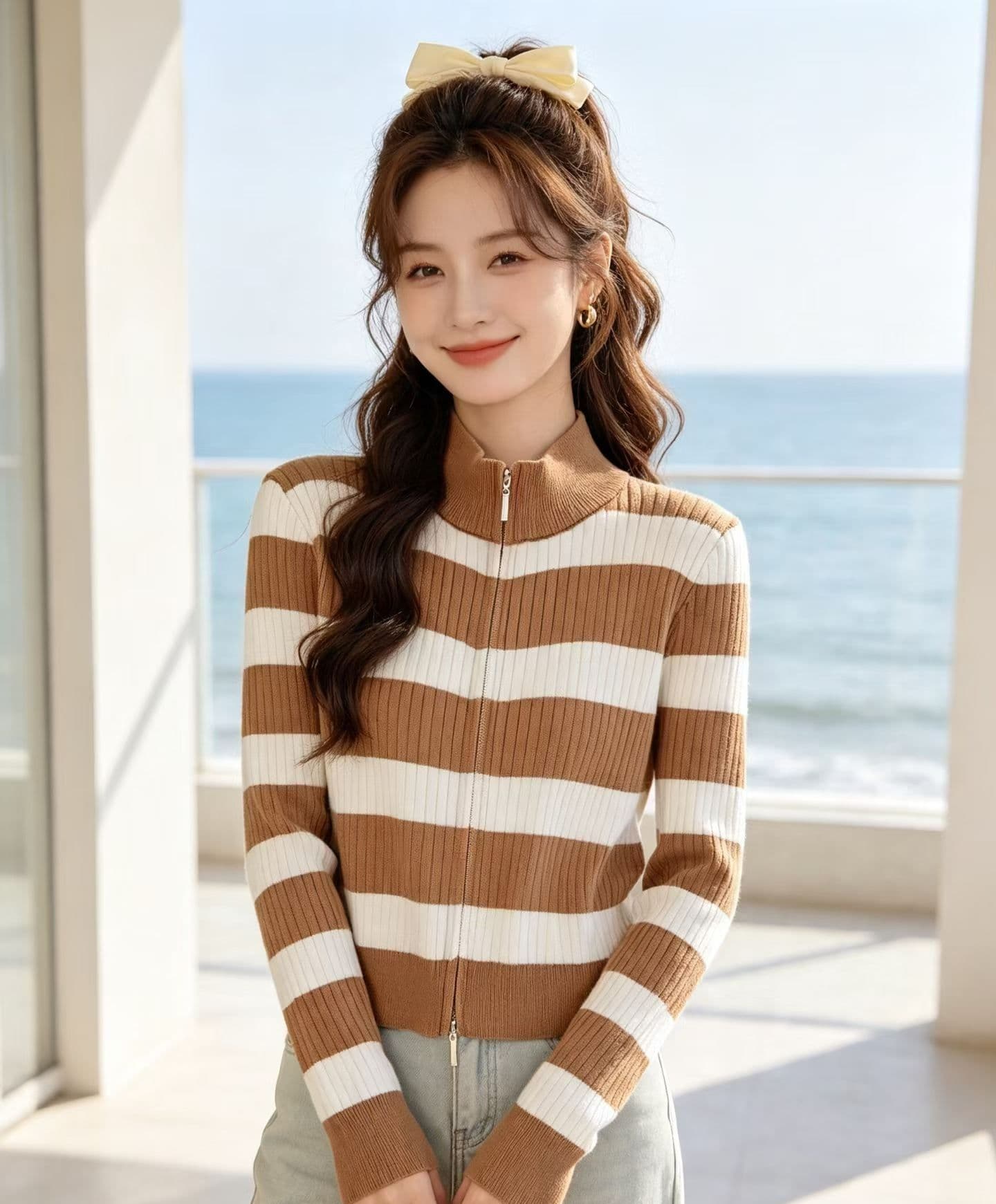 2026 품격 연령 감소 반하이넥 스트라이프 구덩이 기사 슬림해 보이는 지퍼 긴팔 오픈 가디건 상세 이미지 4