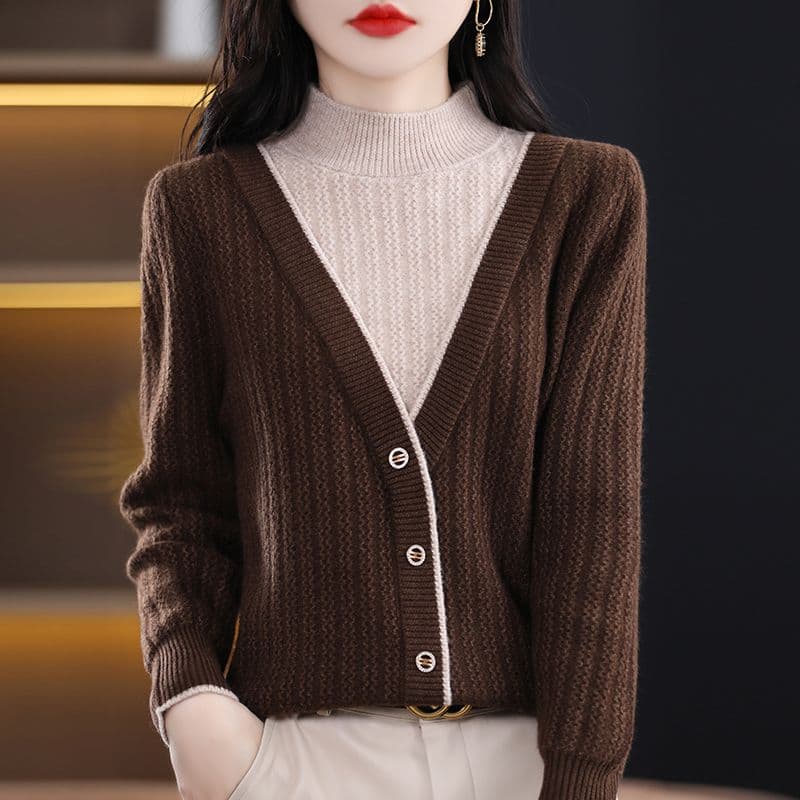 2026 년 가을 겨울철 빨간색 패션 스웨터 여성 의류 새로운 긴팔 페이크 레이어드 맨위 슬림해 보이는 대기 기본 셔츠