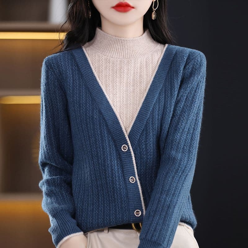 2026 년 가을 겨울철 빨간색 패션 스웨터 여성 의류 새로운 긴팔 페이크 레이어드 맨위 슬림해 보이는 대기 기본 셔츠 이미지 3