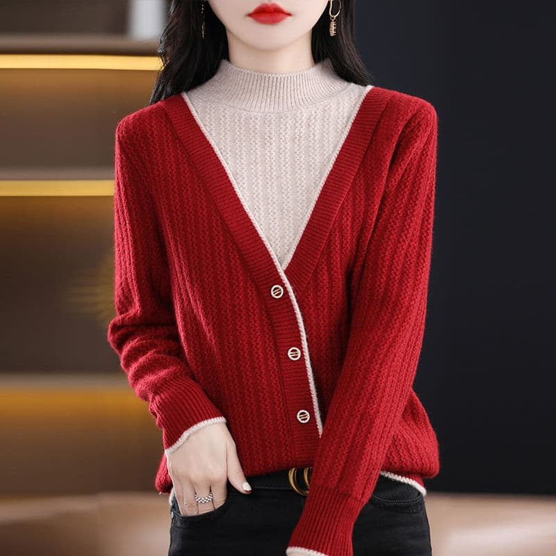2026 년 가을 겨울철 빨간색 패션 스웨터 여성 의류 새로운 긴팔 페이크 레이어드 맨위 슬림해 보이는 대기 기본 셔츠 이미지 2