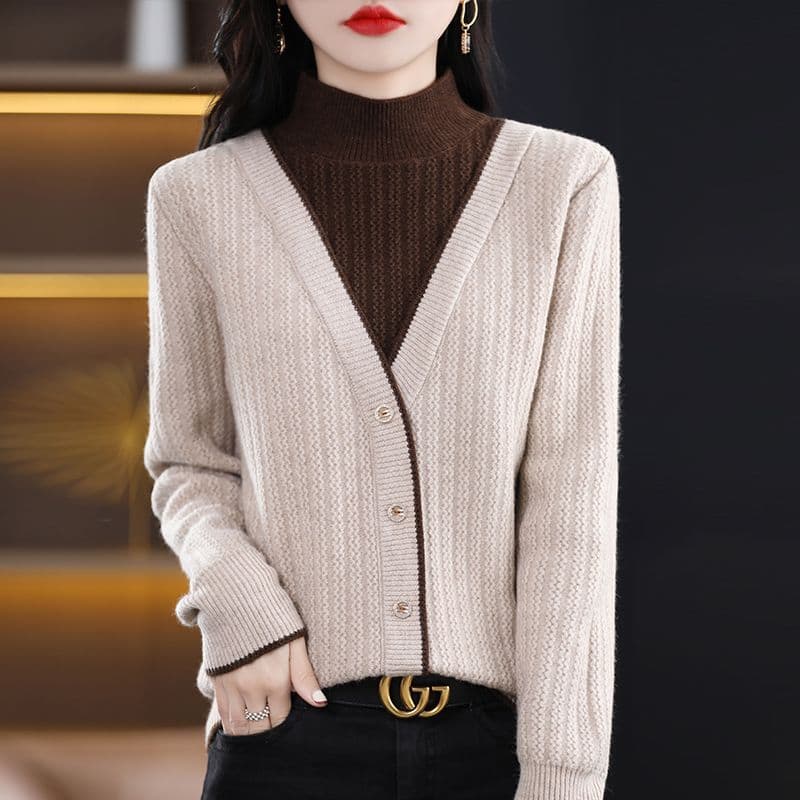 2026 년 가을 겨울철 빨간색 패션 스웨터 여성 의류 새로운 긴팔 페이크 레이어드 맨위 슬림해 보이는 대기 기본 셔츠 이미지 4