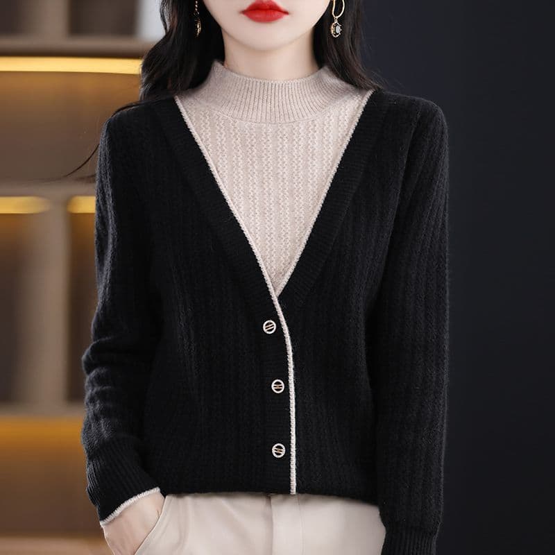 2026 년 가을 겨울철 빨간색 패션 스웨터 여성 의류 새로운 긴팔 페이크 레이어드 맨위 슬림해 보이는 대기 기본 셔츠 이미지 5
