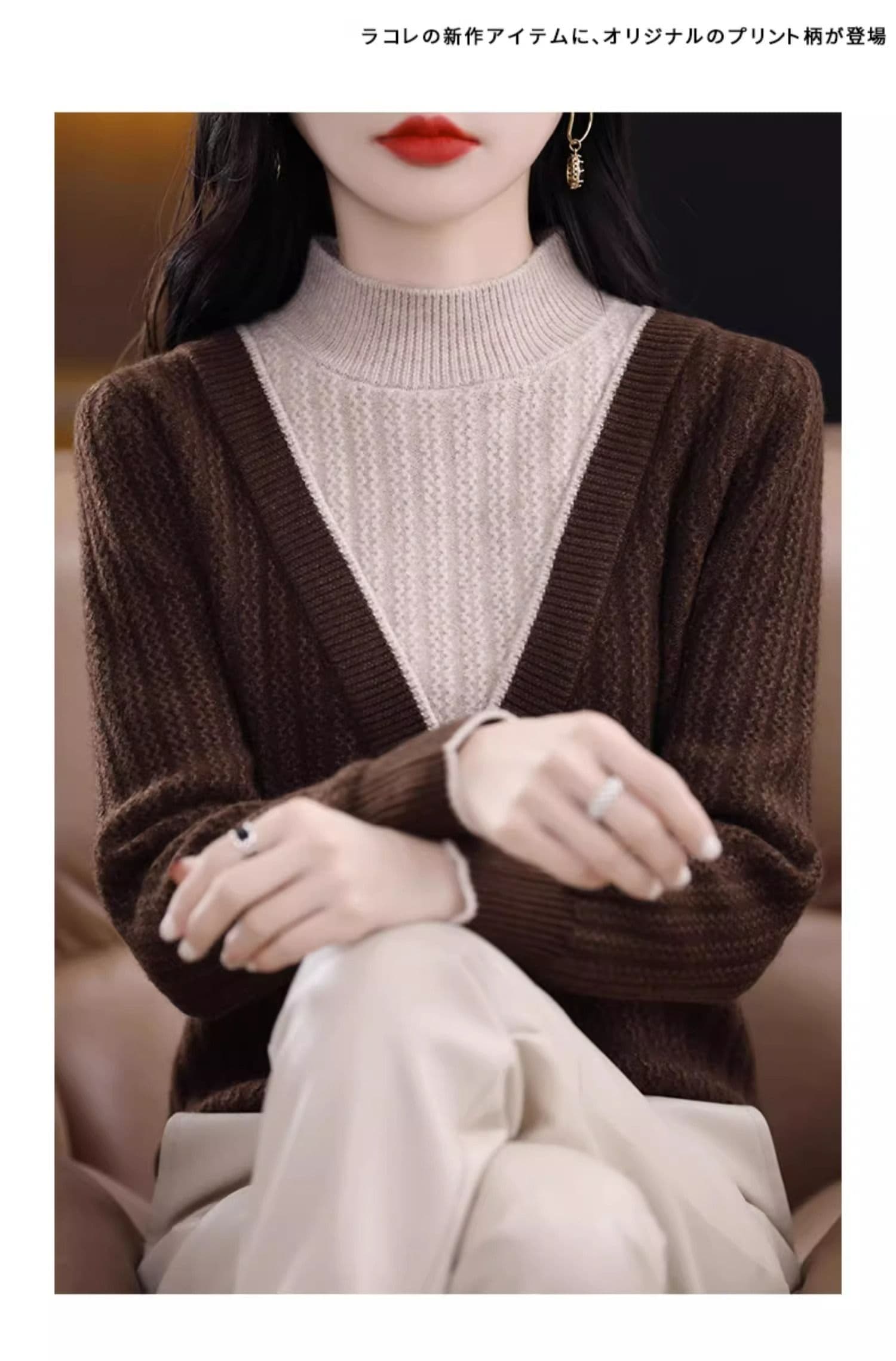 2026 년 가을 겨울철 빨간색 패션 스웨터 여성 의류 새로운 긴팔 페이크 레이어드 맨위 슬림해 보이는 대기 기본 셔츠 상세 이미지 5