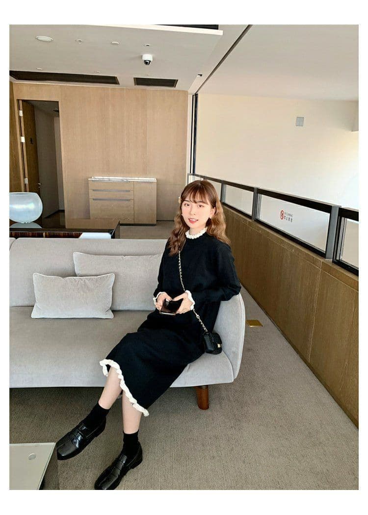 경기 코트 니트 여성 드레스 가을 겨울 그는 벤 바람 작은 검은 드레스 인사이드 가져 가라. 무릎 아래 중간 길이 예쁜 스웨터 치마 상세 이미지 8