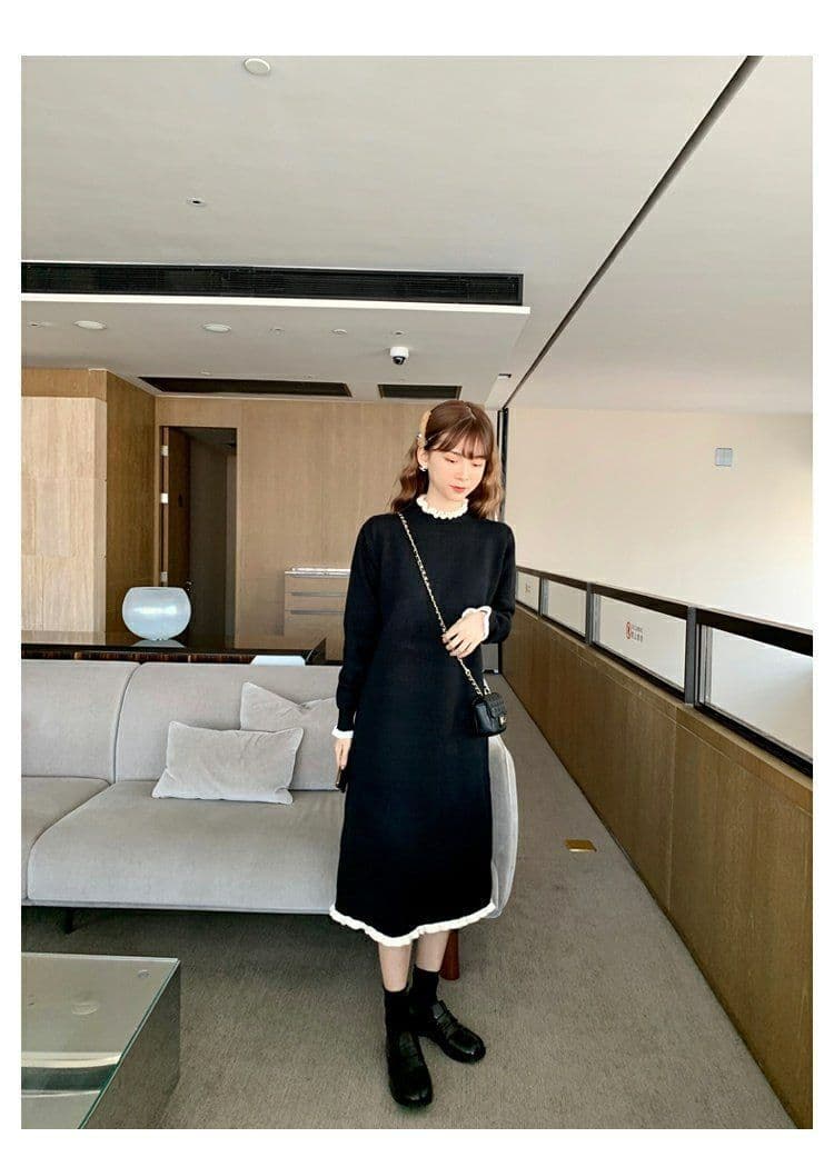 경기 코트 니트 여성 드레스 가을 겨울 그는 벤 바람 작은 검은 드레스 인사이드 가져 가라. 무릎 아래 중간 길이 예쁜 스웨터 치마 상세 이미지 15