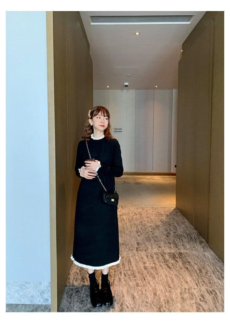 경기 코트 니트 여성 드레스 가을 겨울 그는 벤 바람 작은 검은 드레스 인사이드 가져 가라. 무릎 아래 중간 길이 예쁜 스웨터 치마 상세 이미지 16